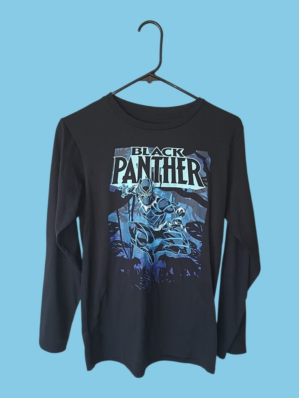 Marve Boys Black Panther Long-Sleeve Tee - Black with Blue Graphic